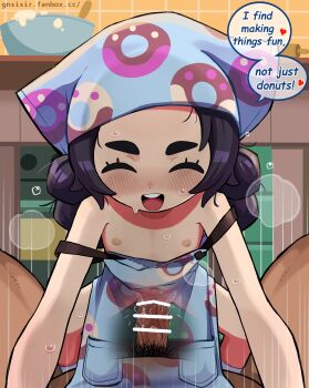 1boy 1girl :d absurdres ansha_(pokemon) apron bar_censor black_hair blue_apron blush censored closed_eyes english_text eyelashes flat_chest gnsisir hetero highres indoors loli long_hair male_pubic_hair nintendo open_mouth penis pokemon pokemon_legends:_z-a pubic_hair sex smile speech_bubble sweat teeth tongue upper_teeth_only watermark web_address x-ray