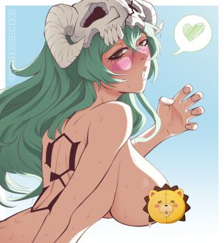 1girl alternate_eye_color back_tattoo bleach bleach:_sennen_kessen-hen border breasts censored_nipples espada facial_mark female_focus green_hair highres hollow_mask kon_(bleach) kristallion large_breasts lips long_hair looking_at_viewer mask mask_on_head nelliel_tu_odelschwanck nude number_tattoo parted_lips scar scar_on_face shiny_skin simple_background skull_on_head sweat tattoo upper_body white_border