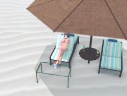 1girl 3d animated beach beach_chair beach_umbrella bikini black_hair blur_censor blurry blurry_foreground blush breasts censored chair cloud convenient_censoring crossed_legs cup drink drinking_glass drinking_straw glass hat heart_bikini highres large_breasts looking_at_viewer lying mikumikudance_(medium) nipples nude ocean on_back outdoors ponkanman red_eyes sand shameimaru_aya short_hair sky smile solo swimsuit table tagme touhou umbrella untied_bikini video water wet