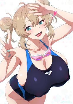 1girl aqua_eyes aqua_nails black_one-piece_swimsuit breasts brown_hair commentary_request competition_swimsuit covered_erect_nipples double_bun fingernails gyaru hair_bun highres huge_breasts joy_ride looking_at_viewer nail_polish naughty_face one-piece_swimsuit open_mouth original short_hair solo swimsuit tongue tongue_out v