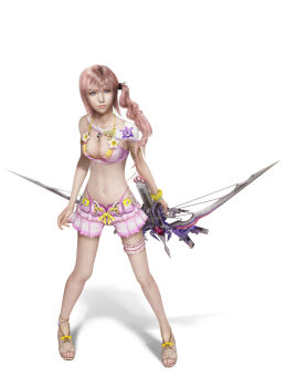 10s 1girl 3d absurdres alternate_costume anklet armlet bikini blue_eyes bow_(weapon) breasts cleavage crossbow female_focus final_fantasy final_fantasy_xiii final_fantasy_xiii-2 frilled_thigh_strap highres jewelry long_hair navel necklace official_art open_shoes pendant pink_hair sandals serah_farron shadow shorts side_ponytail simple_background solo standing swimsuit thigh_strap weapon white_background