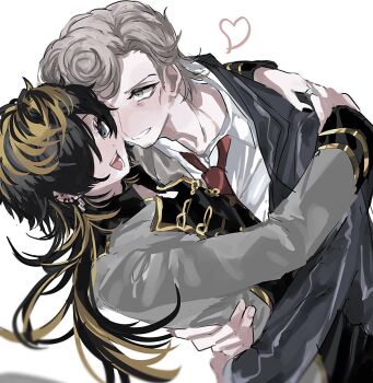 2boys :d adam&#039;s_apple age_difference aimono_jyushi amaguni_hitoya black_hair black_jacket blonde_streaks blue_eyes ear_piercing earrings facial_hair gold_trim grey_eyes grey_hair grey_jacket grin hair_over_one_eye hands_on_another&#039;s_back heart highres hug hypnosis_mic jacket jewelry kiiro_0517 long_hair looking_at_another looking_at_viewer male_focus multicolored_hair multiple_boys necktie open_mouth piercing pompadour red_necktie shirt smile two-tone_hair white_shirt yaoi