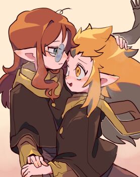 2girls aged_down brown_hair cloak edalyn_clawthorne eye_contact glasses green_eyes hand_on_another&#039;s_head highres holding_hands lilith_clawthorne looking_at_another multiple_girls open_mouth orange_hair pointy_ears round_eyewear scarf siblings sisters the_owl_house tsujii_luki upper_body yellow_eyes