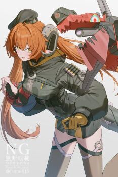 1girl ammunition asymmetrical_gloves black_hat black_horns black_shrug blush brown_thighhighs commentary_request cowboy_shot curled_horns dress fingerless_gloves gloves green_eyes grey_background gun hat highres horns isana615 leaning_forward long_hair looking_at_viewer magus_(zenless_zone_zero) mechanical_horns mechanical_tail mismatched_gloves open_mouth orange_hair orange_pupils orphie_magnusson pointy_ears shrug_(clothing) single_fingerless_glove tail thighhighs twintails twitter_username weapon yellow_gloves zenless_zone_zero zipper_dress