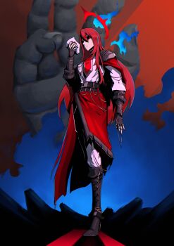 Rule 34 | 1girl, absurdres, ahoge, blue fire, blue hair, boots, colored inner hair, elizabeth rose bloodflame, feaurievladskov, fingerless gloves, fire, gloves, halo, highres, hololive, hololive english, long hair, mask, multicolored hair, red eyes, red hair, red halo, very long hair, virtual youtuber