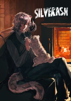 1boy absurdres animal animal_ear_fluff animal_ears animal_on_lap animal_on_shoulder arknights bird bird_on_shoulder black_necktie black_pants black_vest character_name collared_shirt commentary_request couch crossed_legs fire fireplace grey_eyes grey_hair grey_shirt hair_between_eyes highres indoors long_sleeves looking_at_viewer male_focus necktie on_lap pants petting shirt silverash_(arknights) sitting smile snow_leopard snow_leopard_boy snow_leopard_ears snow_leopard_tail solo syokumotu_gohan tail vest