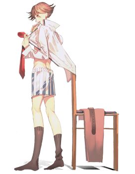 Rule 34 | 1boy, belt, black hair, black socks, black trim, boxers, chair, chaos;child, dimples of venus, dress shirt, eating, food, from side, full body, hekiho academy school uniform, high collar, highres, holding necktie, itou shinji (chaos;child), kneehighs, kneepits, leather belt, looking at viewer, male focus, male underwear, median furrow, midriff, nanahosi15, necktie, red necktie, sandwich, school uniform, science adventure, shirt, short hair, socks, solo, striped male underwear, underwear, undressing, white background