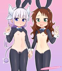 2025 2girls absurdres animal_ears blush brown_hair dionisokitsune dragon_girl dragon_horns fake_animal_ears female_focus gradient_background green_eyes hair_ornament heart_pasties highres holding_hands horns kanna_kamui kobayashi-san_chi_no_maidragon legs loli long_hair multiple_girls navel nipples pasties playboy_bunny rabbit_ears reverse_bunnysuit reverse_outfit saikawa_riko smile standing stomach tagme tail thighhighs thighs twintails v