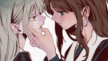 12thfog 2girls bang_dream! bang_dream!_it's_mygo!!!!! blood_on_mouth blue_eyes blue_shirt brown_hair closed_mouth finger_to_mouth gauze gauze_on_cheek green_hair hand_on_another's_face highres long_hair long_sleeves looking_at_another multiple_girls nagasaki_soyo parted_lips sailor_collar school_uniform shirt simple_background tsukinomori_school_uniform wakaba_mutsumi white_background white_sailor_collar yellow_eyes yuri