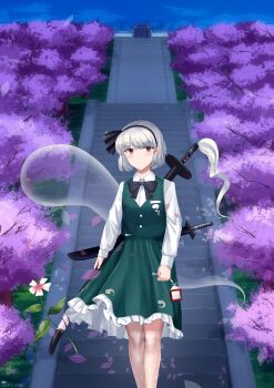 1girl absurdres alternate_eye_color black_bow black_bowtie black_hairband bow bow_hairband bowtie buttons cherry_blossoms closed_mouth cloud collared_shirt commentary english_commentary falling_petals flower flower_request frilled_skirt frills gate ghost_print grass green_skirt green_vest hairband hakugyokurou hand_on_sheath highres holding konpaku_youmu konpaku_youmu_(ghost) long_sleeves object_request petals purple_eyes scenery shirt shirt_tucked_in short_hair skirt skyline stairs standing stone_stairs sword touhou tree vest weapon white_hair white_shirt youkimountain