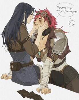 2girls arcane:_league_of_legends arcane_caitlyn arcane_vi black_hair black_pants blue_dress breasts caitlyn_(league_of_legends) cheek_squash cleavage closed_eyes commentary couple dress english_commentary english_text goggles goggles_on_head hands_on_another's_face highres large_breasts league_of_legends looking_at_another medium_hair multiple_girls pants pants_under_dress red_hair runhorserun short_hair short_sleeves simple_background sitting smile speech_bubble talking undercut vi_(league_of_legends) white_background yuri