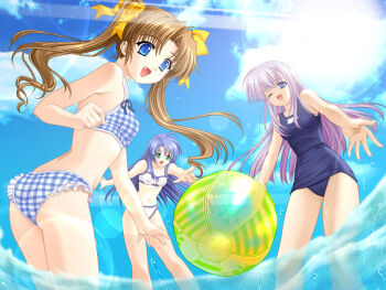 Rule 34 | 00s, 3girls, ass, ball, beachball, bikini, blue hair, brown hair, day, fang, green eyes, konoe nanami, lamune, long hair, multiple girls, nakazato hikari, one-piece swimsuit, one eye closed, plaid bikini, plaid clothes, purple hair, swimsuit, tomosaka suzuka, twintails, wink