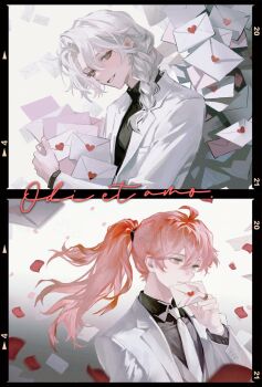 2boys ahoge alternate_costume asteriodtri black_border black_shirt blurry border braid bright_pupils chinese_commentary collared_shirt commentary_request curtained_hair depth_of_field falling_petals fate/grand_order fate_(series) gold_ring green_eyes grey_eyes grey_vest hair_between_eyes hair_over_shoulder hand_up high_ponytail highres holding holding_letter jacket jewelry letter long_hair long_sleeves looking_ahead looking_at_viewer love_letter male_focus marisbury_animusphere multiple_boys necktie open_clothes open_jacket orange_hair parted_bangs parted_lips petals ponytail ring romani_archaman shirt single_braid smile turtleneck turtleneck_shirt vest white_hair white_jacket white_necktie white_pupils