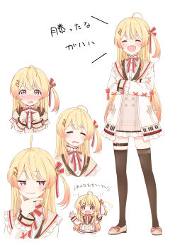 1girl @_@ ahoge blonde_hair blush crossed_arms fortissimo hair_ornament highres hololive hololive_dev_is inudaruma jacket long_hair musical_note musical_note_hair_ornament otonose_kanade otonose_kanade_(1st_costume) smug tears thigh_strap thighhighs thighs twiddling_fingers virtual_youtuber white_background zettai_ryouiki