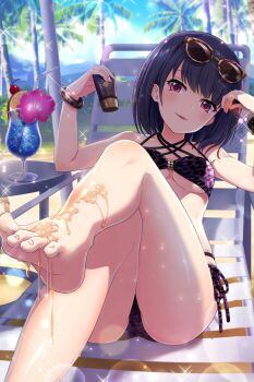 1girl alternative_girls ass bikini black_hair chair drink eyewear_on_head feet highres ice ice_cube liquid looking_at_viewer official_art onitsuka_chiho open_mouth palm_tree red_eyes short_hair solo sunglasses sunlight swimsuit table toes tree tropical_drink