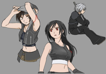 1boy 2girls arm_behind_head arm_up armor bare_shoulders black_bodysuit black_gloves black_hair black_pants black_vest bodysuit breasts brown_eyes brown_hair brown_shorts cosplay crop_top cropped_torso earrings final_fantasy final_fantasy_vii final_fantasy_vii_advent_children final_fantasy_vii_ever_crisis gloves grey_hair hair_between_eyes headband holding holding_sword holding_weapon hood hood_up hooded_vest hoodie jewelry kadaj kadaj_(cosplay) light_smile long_hair medium_breasts midriff multiple_girls pants parted_lips print_shirt red_eyes red_ribbon ribbon s_m_man sephiroth sephiroth_(ever_crisis) sephiroth_(remnant_suit) shirt short_hair shorts shoulder_armor sword tifa_lockhart undershirt vest weapon white_shirt yuffie_kisaragi