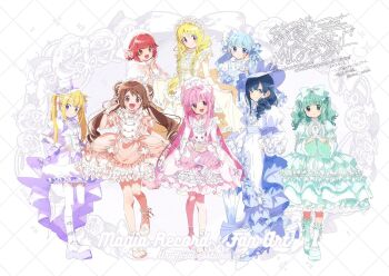 6+girls :d akino_kaede blonde_hair blue_dress blue_eyes blue_hair blunt_bangs blush boots brown_eyes brown_hair character_request closed_mouth copyright_name dated double_bun dress full_body green_eyes green_hair hair_bun hat kyubey long_sleeves looking_at_viewer magia_record:_mahou_shoujo_madoka_magica_gaiden mahou_shoujo_madoka_magica minami_rena mitsuki_felicia multiple_girls open_mouth pink_dress pink_eyes pink_hair purple_dress red_eyes red_hair satomi_touka serizawa_serizane shoes short_hair smile standing tamaki_iroha thighhighs togame_momoko twintails twitter_username watermark white_background white_boots white_hat white_shoes white_thighhighs
