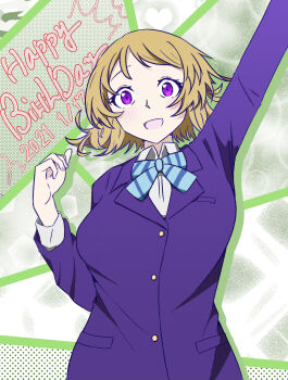 1girl absurdres artist_name artist_request blue_bow blue_cardigan blue_jacket blush bow bowtie breasts brown_hair cardigan collared_shirt female_focus hair_between_eyes highres jacket koizumi_hanayo large_breasts long_sleeves looking_at_viewer love_live! love_live!_school_idol_project morment_k morment_kayochin otonokizaka_school_uniform purple_eyes raised_arm school_uniform shirt short_hair solo striped_bow upper_body white_shirt