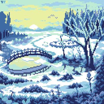 blue_theme bridge day no_humans original park pixel_art retro_artstyle river scenery sky snow tomoruka_mr winter