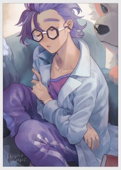 Rule 34 | 1boy, arcanine, black-framed eyewear, book, border, closed eyes, coat, collarbone, commentary request, couch, gen 1 pokemon, glasses, highres, jacq (pokemon), kikuyoshi (tracco), long sleeves, male focus, nintendo, open clothes, open coat, open mouth, pants, pokemon, pokemon (creature), pokemon sv, purple hair, purple pants, purple shirt, shirt, short hair, signature, sitting, sleeping, white border