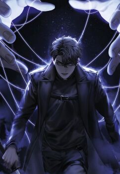 1boy 1other backlighting black_coat black_shirt blackbox_(blackbox9158) chest_belt coat giant glowing highres holding holding_sword holding_weapon looking_at_viewer official_art omniscient_reader&#039;s_viewpoint open_clothes open_coat puppet_strings shirt starry_sky_print sword third-party_source walking_towards_viewer weapon yoo_joonghyuk