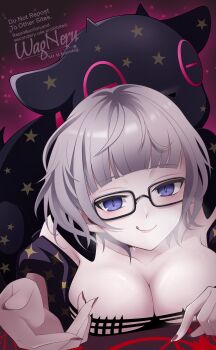 1girl absurdres baby_animal baphomet_(fate) black_dress black_jacket blue_eyes breasts cleavage collarbone dress fate/grand_order fate_(series) glasses grey_hair highres jacket jacques_de_molay_(foreigner)_(fate) jacques_de_molay_(foreigner)_(second_ascension)_(fate) lamb large_breasts licking_lips looking_at_viewer lying on_stomach outstretched_arm sheep short_hair smile tongue tongue_out wagu_neru