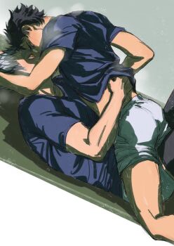2boys akaashi_keiji black_hair blue_shirt bokuto_koutarou boy_on_top commentary_request haikyuu!! hand_on_another&#039;s_back highres knee_pads koukiki9 looking_at_another male_focus multiple_boys shirt short_hair shorts thighs white_hair white_shorts yaoi yellow_eyes