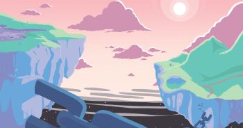 absurdres chain cloud cloudy_sky commentary english_commentary floating_island highres in-universe_location no_humans photoshop_(medium) pink_sky pond roodlee scenery shadow_slave sky star_(sky) starry_sky