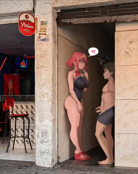 1boy 1girl absurdres achromaru black_hair black_one-piece_swimsuit breasts chair eye_contact going_to_colombia_for_the_food_and_culture_(meme) heart highres large_breasts large_variant_set looking_at_another male_swimwear matching_hair/eyes meme motion_lines muscular muscular_male nipples one-piece_swimsuit photo_background pyra_(pro_swimmer)_(xenoblade) pyra_(xenoblade) real_life red_eyes red_hair rex_(xenoblade) short_hair size_difference skin_tight standing swimsuit thick_thighs thighs variant_set xenoblade_chronicles_(series) xenoblade_chronicles_2