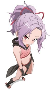1girl bare_shoulders black_sclera colored_sclera commentary_request from_above full_body highres kunoichi_tsubaki_no_mune_no_uchi looking_at_viewer midriff navel ninja ponytail purple_hair red_eyes ringed_eyes riokasen sazanka_(kunoichi_tsubaki_no_mune_no_uchi) simple_background solo stirrup_footwear tongue tongue_out white_background