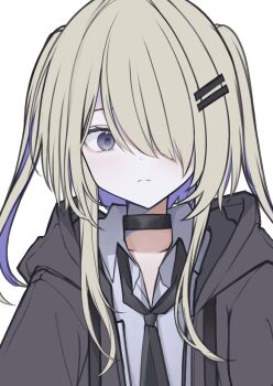Rule 34 | 1girl, black choker, black necktie, blonde hair, blush, character profile, choker, closed mouth, collared shirt, commentary request, dot nose, grey jacket, hair between eyes, hair ornament, hair over one eye, hairclip, hood, hood down, hooded jacket, jacket, long hair, looking at viewer, multicolored hair, necktie, original, parallel hairclips, portrait, purple eyes, purple hair, shirt, simple background, solo, su ha ya, swept bangs, two-tone hair, two side up, upper body, white background, white shirt