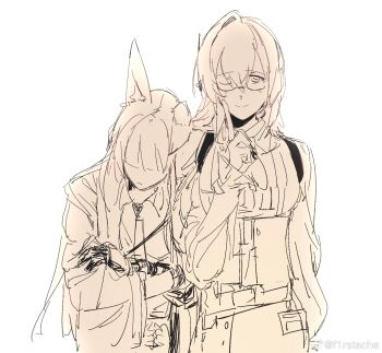 Rule 34 | 2girls, animal ear fluff, animal ears, blunt bangs, blush, closed mouth, commission, fox ears, fox girl, glasses, hair between eyes, highres, hoshimi miyabi, long hair, looking at viewer, meitian du xiwang wo cp bot, monochrome, multiple girls, one eye closed, second-party source, sidelocks, simple background, smile, tsukishiro yanagi, watermark, weibo watermark, white background, yuri, zenless zone zero