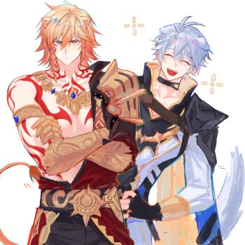 1108feiriku 2boys animal_ears antenna_hair arm_tattoo armlet armor black_choker black_coat black_shirt blonde_hair blue_cape braid cape cat_boy cat_tail chest_tattoo choker clawed_gauntlets closed_eyes coat dog_boy dog_ears dog_tail earrings facial_tattoo gold_earrings gold_necklace gradient_hair hashtag-only_commentary highres honkai:_star_rail honkai_(series) jewelry male_focus medium_hair multicolored_hair multiple_boys mydei_(honkai:_star_rail) neck_tattoo necklace open_clothes open_coat parted_bangs pauldrons phainon_(honkai:_star_rail) red_hair red_tattoo shirt short_hair shoulder_armor side_braid simple_background single_pauldron sun_symbol sun_tattoo tail tan tattoo white_background white_coat white_hair yellow_eyes