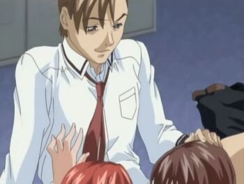 00s 1boy 2005 2girls animated animated_gif bible_black bible_black_only bow bowtie breasts breasts_out brown_hair cooperative_fellatio fellatio glasses kobayashi_shinobu large_breasts licking licking_penis lowres lying multiple_girls necktie nonogusa_miyuki one-piece_swimsuit oral penis red_hair short_hair spread_legs swimsuit tagme teamwork_(sexual) tongue