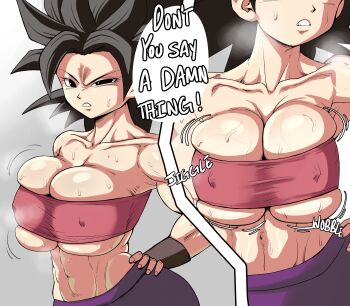 1girl absurdres black_hair breasts caulifla clothes dragon_ball dragon_ball_super english_text female_focus highres huge_breasts looking_at_viewer muscular muscular_female pseudocel saiyan solo speech_bubble sweat