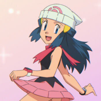 1girl :d beanie black_hair black_shirt blue_eyes bracelet commentary_request dawn_(pokemon) eyelashes gradient_background hair_ornament hairclip happy hat jewelry long_hair miraa_(chikurin) nintendo open_mouth pink_scarf pink_skirt pokemon pokemon_(anime) pokemon_dppt_(anime) poketch scarf shirt sidelocks skirt sleeveless sleeveless_shirt smile solo tongue watch white_hat wristwatch
