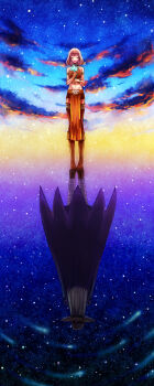 1boy 1girl armlet bandaged_leg bandages blonde_hair blue_flower blue_sky blunt_bangs boots bracelet brown_boots brown_hair brown_hat brown_loincloth brown_shirt brown_shoes brown_shorts brown_thighhighs cape closed_eyes cloud commentary_request cropped_shirt dawn dragon_quest dragon_quest_x facing_away flower full_body gold_armlet hat heroine_(dq10) highres hinomiya_riyu holding holding_flower jewelry kurouzu_(dq10) long_hair medium_hair midriff night pelvic_curtain purple_cape purple_sky reflection shirt shoes shorts silver_thighlet sky star_(sky) thighhighs thighlet yellow_sky