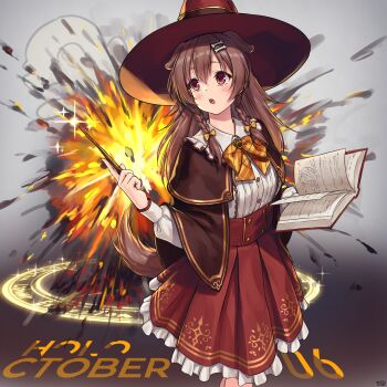 Rule 34 | 1girl, :o, absurdres, alternate headwear, animal ears, artist name, blush, bone hair ornament, book, bow, bowtie, brown cape, brown capelet, brown eyes, brown hair, brown tail, cape, capelet, center frills, commentary request, cowboy shot, dated, dog ears, dog girl, dog tail, double-parted bangs, explosion, extra ears, frilled shirt, frilled shirt collar, frilled skirt, frills, grimoire, hair between eyes, hair ornament, hairclip, hat, high-waist skirt, highres, holding, holding book, holding wand, hololive, inugami korone, inugami korone (street), listener (inugami korone), long hair, long sleeves, looking afar, looking to the side, medium skirt, open mouth, parallel hairclips, paw brooch, plaid bow, plaid bowtie, plaid clothes, raised eyebrows, red hat, red skirt, shirt, signature, skirt, solo, tail, traveler (artbbt), virtual youtuber, wand, white shirt, witch, witch hat, yellow bow, yellow bowtie
