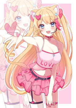 Rule 34 | 1girl, absurdres, animal ears, armpits, bare arms, bare shoulders, belt, black belt, blonde hair, blue eyes, breasts, c7 master, camisole, cat ears, cat girl, choker, cleavage, commentary request, commission, food-themed hair ornament, frilled skirt, frills, gradient hair, hair ornament, hairclip, headset, highres, indie virtual youtuber, layered skirt, long hair, looking at viewer, medium breasts, multicolored hair, open hand, open mouth, pink camisole, pink choker, pink hair, pink skirt, skeb commission, skirt, solo, spaghetti strap, strawberry hair ornament, thigh strap, zoom layer