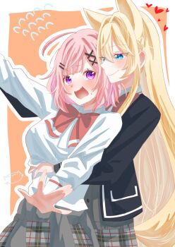 2girls amaori_renako asyuraillust black_jacket blazer blonde_hair blue_eyes bow bowtie closed_mouth commentary_request flying_sweatdrops grey_skirt heart highres hug hug_from_behind jacket long_hair long_sleeves medium_hair multiple_girls orange_background outline ouzuka_mai pink_hair plaid_clothes plaid_skirt pleated_skirt purple_eyes red_bow red_bowtie shirt skirt smile watashi_ga_koibito_ni_nareru_wake_naijan_murimuri! white_outline white_shirt yuri