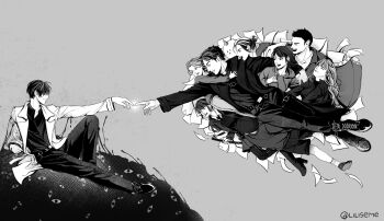 3boys 5girls absurdres arm_around_neck biyoo_(omniscient_reader&#039;s_viewpoint) black_hair black_shirt bodysuit child coat everyone eye_print fine_art_parody floating floating_hair flying_paper full_body greyscale hair_bun han_sooyoung highres hill hood hood_down hoodie jung_heewon kim_dokja knee_up lee_hyunsung lee_jihye liliseme long_hair monochrome multiple_boys multiple_girls omniscient_reader&#039;s_viewpoint paper parody shirt short_hair sitting the_creation_of_adam too_many_eyes white_coat yoo_joonghyuk yoo_sangah