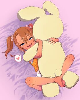 1girl barefoot bed blue_eyes brown_hair camisole cardigan clenched_hands covering_body dark-skinned_female dark_skin ebisujima_misato fangs feet feet_on_toy female_focus forehead heart highres hug hugging_object leg_lock legs loli long_hair lying naughty_face no_pants on_back open_mouth original panties sexually_suggestive smile solo spoken_heart stuffed_animal stuffed_rabbit stuffed_toy tan tanline twintails underwear white_panties yellow_cardigan yuma_(ebisujima_misato)