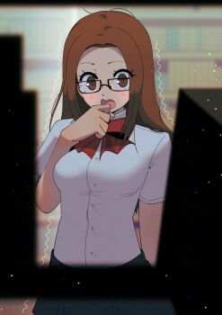 1girl absurdres black-framed_eyewear black_skirt blush brown_hair collared_shirt commentary english_commentary fushimi_chihiro gekkoukan_high_school_uniform gjh glasses highres long_hair looking_at_viewer open_mouth persona persona_3 pov school_uniform shirt short_sleeves skirt solo white_shirt