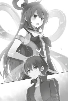 1boy 1girl aqua_(konosuba) detached_sleeves greyscale hair_between_eyes hair_ornament hand_on_own_hip highres jacket kono_subarashii_sekai_ni_shukufuku_wo! long_hair mishima_kurone monochrome novel_illustration official_art open_clothes open_jacket open_mouth satou_kazuma see-through_clothes sphere_hair_ornament split_screen standing sweatdrop very_long_hair