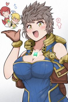 1girl 2boys black_hair blonde_hair blue_bodysuit blush bodysuit breasts cleavage closed_eyes eyelashes flying_sweatdrops genderswap genderswap_(ftm) genderswap_(mtf) hariri large_breasts looking_at_viewer mars_symbol multiple_boys mythra_(xenoblade) nintendo open_mouth pyra_(xenoblade) red_hair rex_(xenoblade) short_hair smile solo_focus standing venus_symbol white_background xenoblade_chronicles_(series) xenoblade_chronicles_2 yellow_eyes