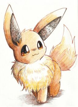 :3 animal_focus brown_eyes closed_mouth commentary_request eevee full_body gen_1_pokemon highres kirin1204 nintendo no_humans pokemon pokemon_(creature) pokemon_focus simple_background smile solo traditional_media white_background