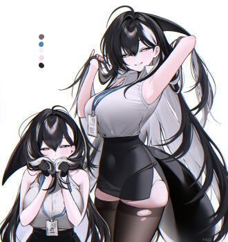 1girl adjusting_hair ahoge animal_ears armpits black_gloves black_hair black_skirt black_thighhighs breasts cetacean_tail colored_inner_hair commentary covered_navel english_commentary fins fish_tail gloves grin hair_between_eyes half_gloves haze_(7h4ze) highres holding holding_own_hair huge_breasts lanyard long_hair looking_at_viewer multicolored_hair multiple_views office_lady orca orca_girl original parted_lips photo-referenced shirt simple_background skirt sleeveless smile tail thighhighs torn_clothes torn_thighhighs very_long_hair white_background white_hair white_shirt