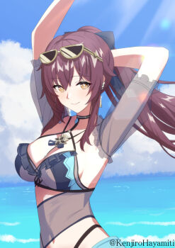 1girl alternate_hairstyle bikini black_bikini blue_sky breasts brown_hair cleavage cloud commentary_request detached_sleeves eden_(honkai_impact) eyewear_on_head highres honkai_(series) honkai_impact_3rd kenjirohayamiti large_breasts long_hair looking_at_viewer midriff navel outdoors ponytail see-through_clothes see-through_sleeves sky solo sunglasses swimsuit twitter_username very_long_hair yellow_eyes