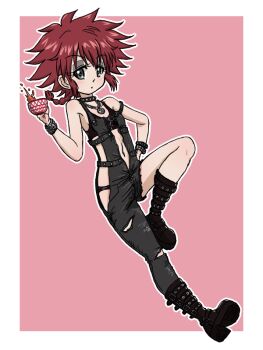 Rule 34 | 1girl, alcohol, alternate costume, beer, beer mug, black bra, black panties, blue eyes, blush, bra, breasts, cranberry (girls und panzer), eyeshadow, girls und panzer, hand on own hip, kuromorimine military uniform, looking at viewer, makeup, messy hair, military uniform, mug, navel, open mouth, panties, pink background, red hair, short hair, simple background, small breasts, solo, takahashi kurage, underwear