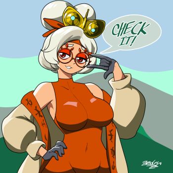 1girl black_gloves bodysuit breasts covered_navel cowboy_shot eyeshadow glasses gloves grey_hair hair_bun half-closed_eyes half_gloves highres jacket large_breasts long_sleeves makeup mask mask_on_head nintendo off_shoulder outdoors purah red-framed_eyewear red_bodysuit red_eyes red_eyeshadow simple_background sleeveless sleeveless_bodysuit smile solo speech_bubble standing text_focus the_legend_of_zelda the_legend_of_zelda:_tears_of_the_kingdom zedrin